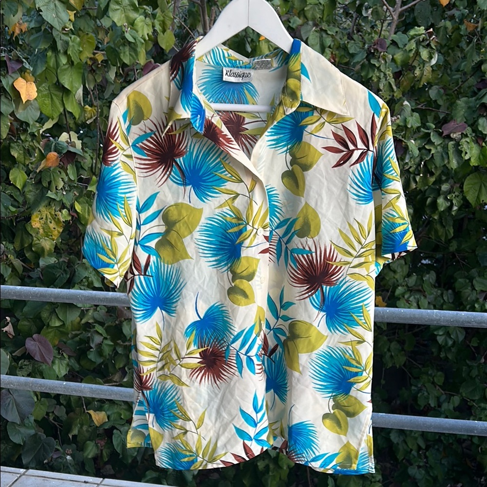 KLASSIQUE Tropical Print Unisex Vintage Colorful Floral Button Up Shirt Size L